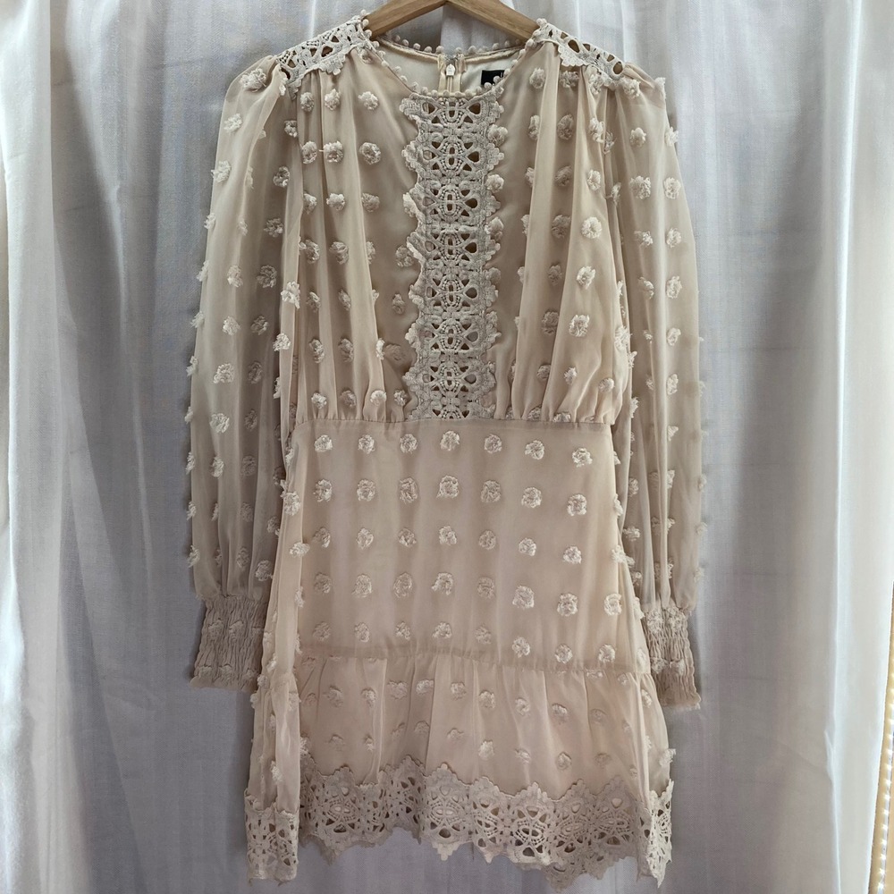 Lulus Beige Swiss Dot Lace Trim‎ Tiered Mini Dress XS Bohemian Romantic Party